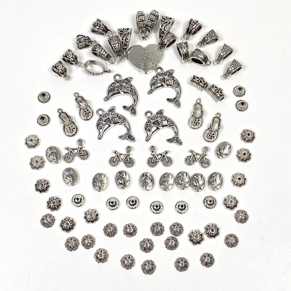 Lot Silver Tone Jewelry Findings Metal Beads Bail Cap Spacer Charm Dolphin Bike